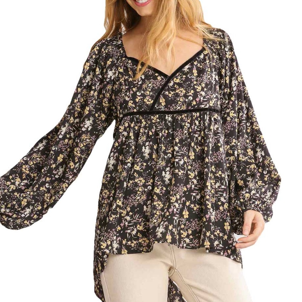 Umgee Long Balloon Sleeve V Neck Floral Blouse Top Black Yellow‎ Size Small